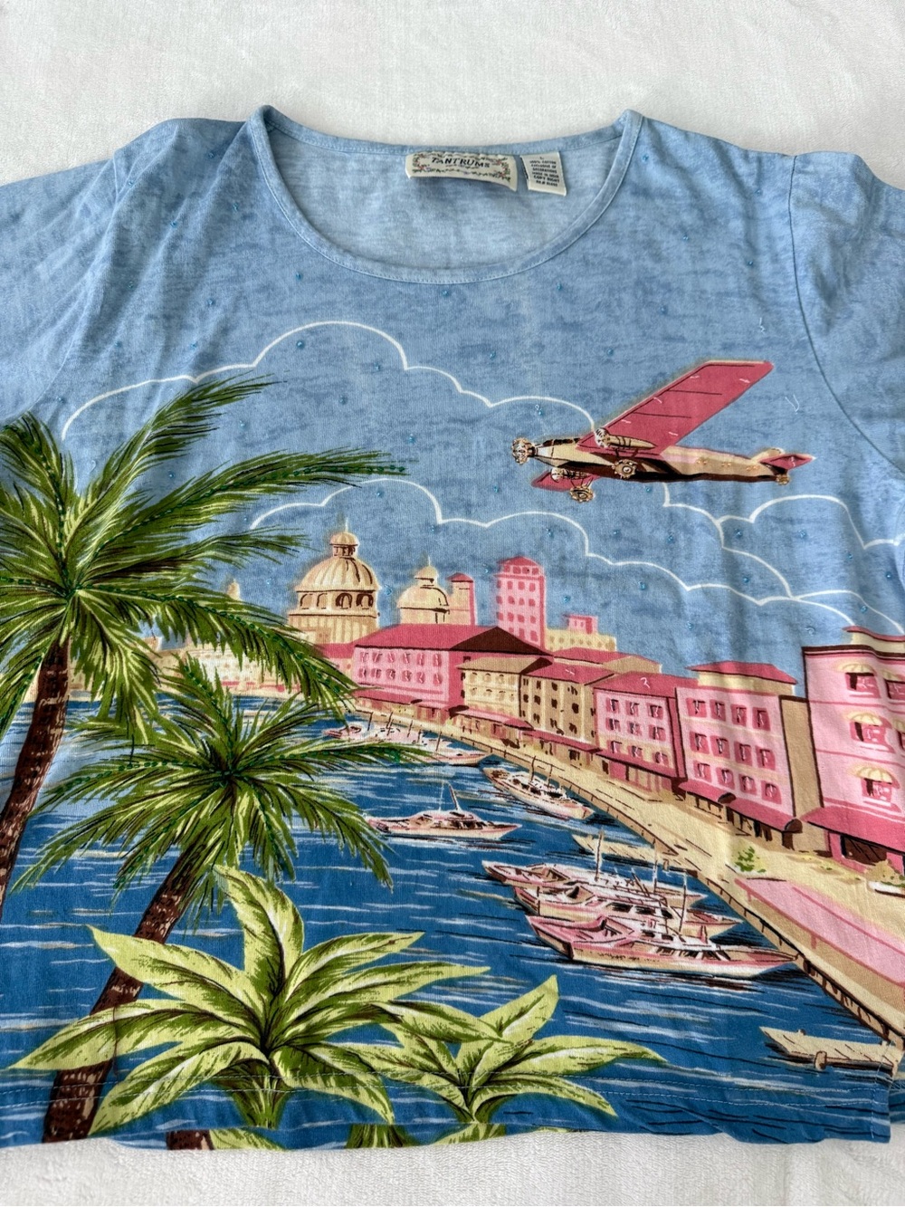 Tantrums Women’s Wearable Art Shirt Tropical Waterfront Scene Size Large E06
